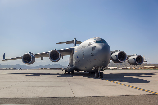 Kabul, Afghanistan - April 30, 2016: Australian Air Force C-17 Military Cargo Transport Aircraft on the taxiway.
