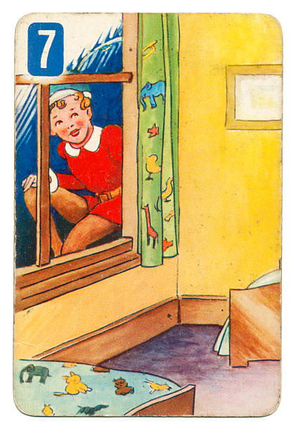 This is a Peter Pan playing card from British manufacturer Pepys with an illustration dating from 1939. Originally issued with green backs, this card is from a 1950s re-issue with red backs. The illustration shows Peter Pan looking in at Wendy's bedroom window.