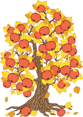 Autumn vector apple tree with ripe red apples and yellow leaves