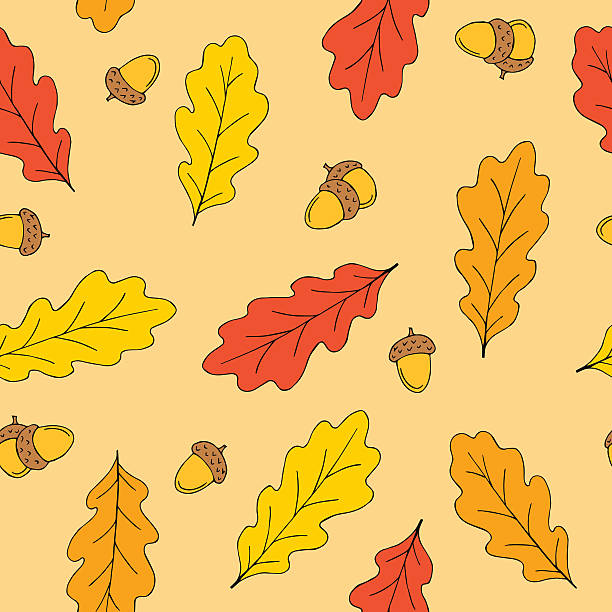 ilustrações de stock, clip art, desenhos animados e ícones de folha de carvalho amarela vermelho laranja gráfico esférica motivo homogéneo vector - oak leaf oak tree acorn season