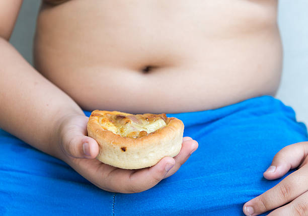 istock small pizza in obese fat boy hand. 526141020