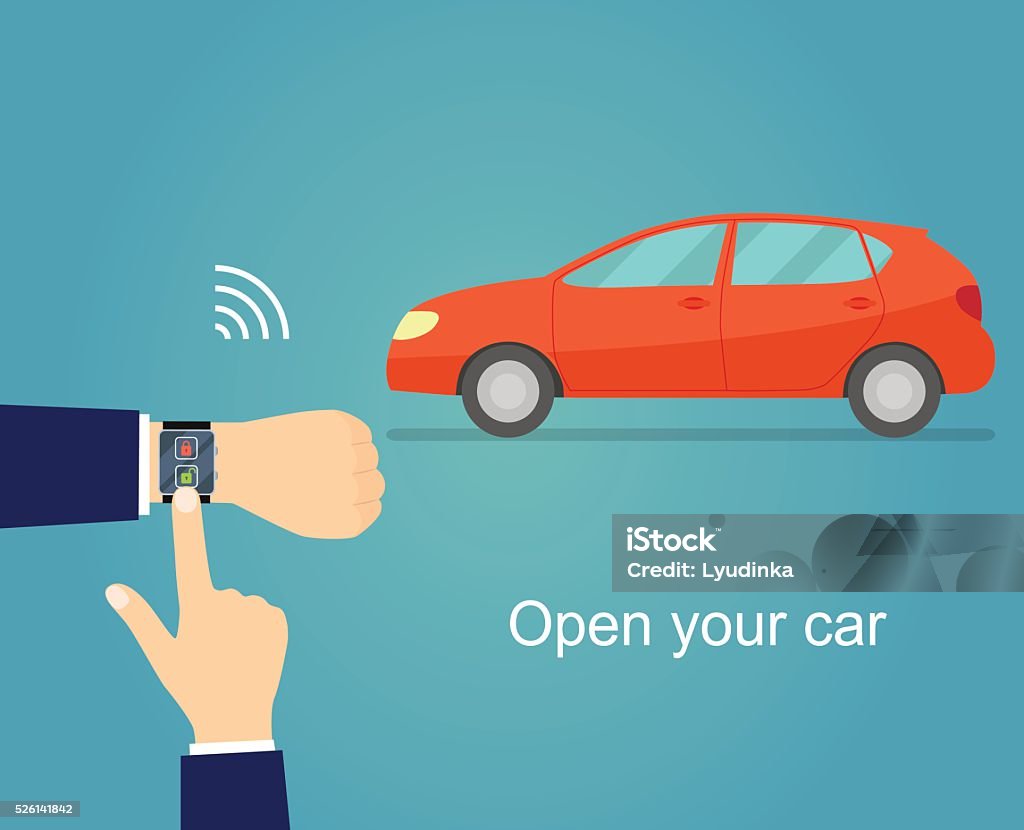 Side Car Lock Animation Car Door Lock By Smart Watch Flat Vector Illustration Stock ...