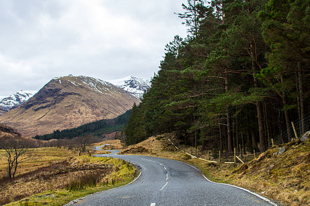 istock Windy road through forest and snowy mountains 526143146