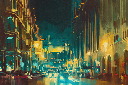 colorful light of city with historical buildings,illustration painting