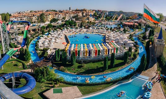 Sunny Beach, Bulgaria - september 1, 2015: Panoramic view of Water park Action in Sunny Beach with number of slides and swimming pools for children and adults