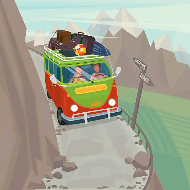 Vector illustration of Couple in a hippie bus rides on the mountain serpentine