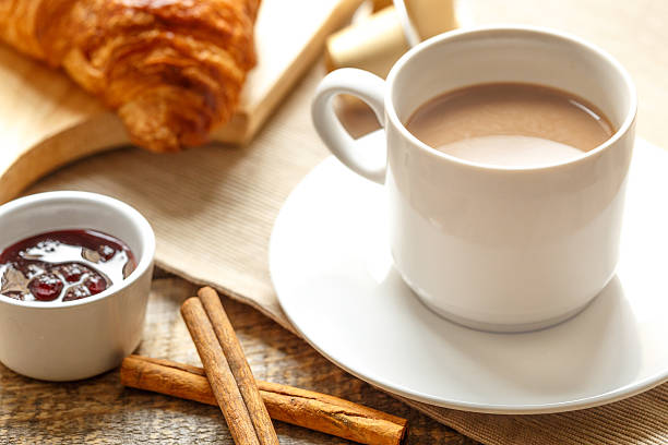 istock Breakfast with coffee and croissants on wooden table 526146790