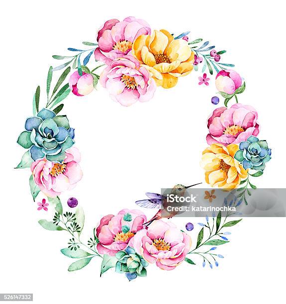 Colorful Floral Wreath With Rosesflowersleavessucculent Plant Stock Illustration - Download Image Now