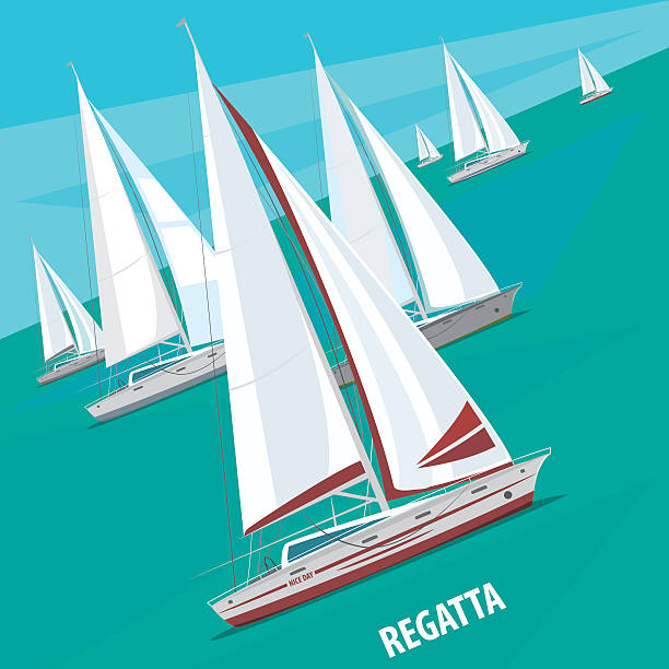 illustrazioni stock, clip art, cartoni animati e icone di tendenza di regata di vela con un sacco di barche - sailboat sailing sports race yacht