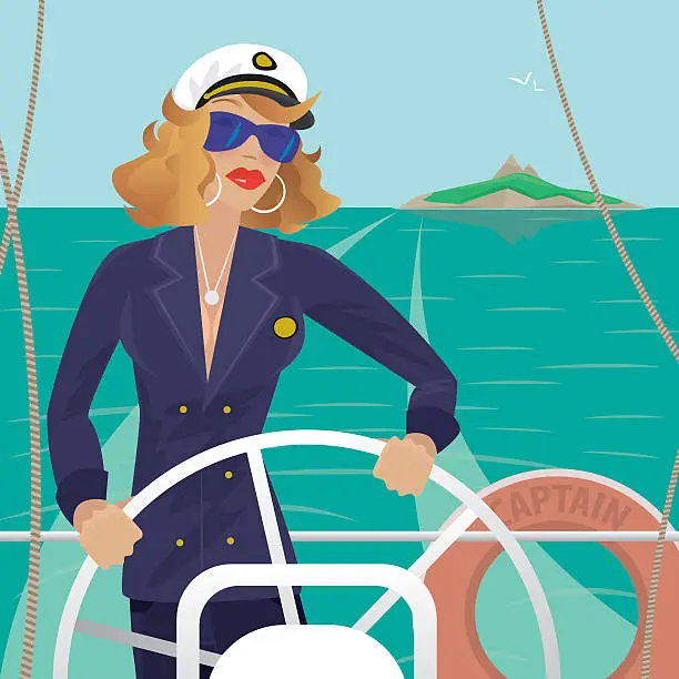 Vector illustration of Sea captain female on the deck with ships steering wheel