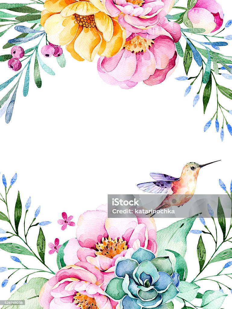 Beautiful watercolor card with roses,flowers,foliage,succulent plant, Beautiful watercolor card with place for text with roses,flowers,foliage,succulent plant,branches,hummingbird.Handpainted illustration.Can be used as a greeting card,wedding,invitation,lettering etc Border - Frame stock illustration