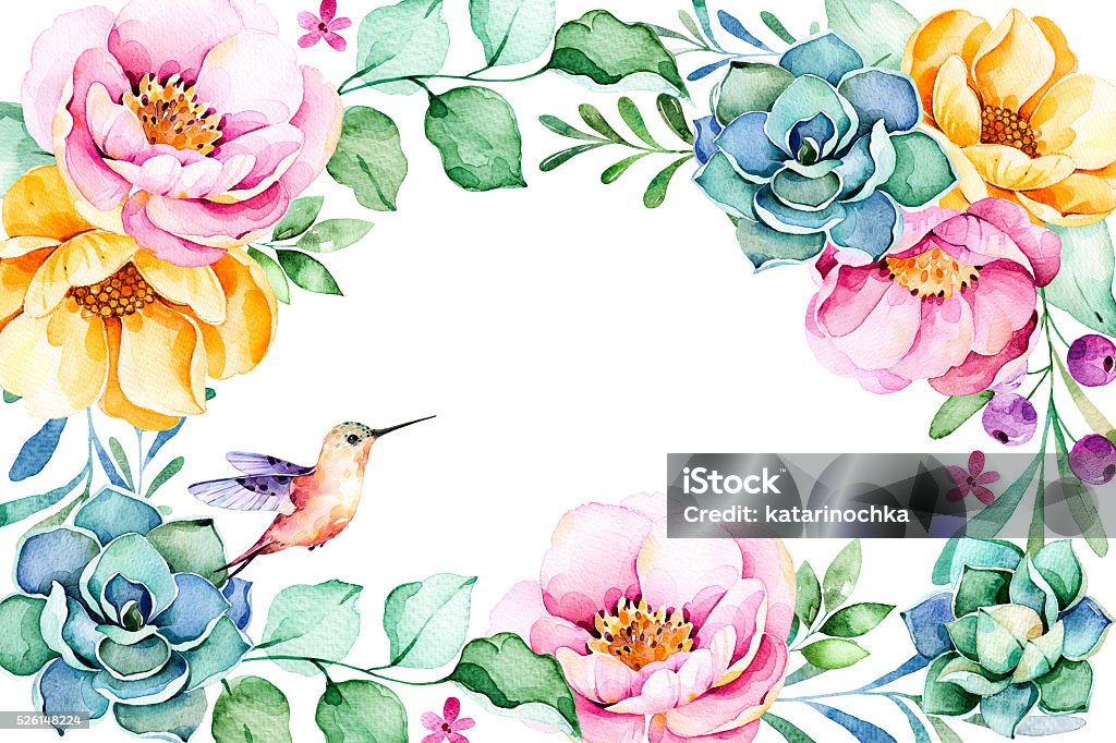 Beautiful watercolor frame border with roses,flower,foliage,succulent plant Beautiful watercolor frame border with roses,flower,foliage,succulent plant,branches,hummingbird.Handpainted illustration.Can be used for greeting card,wedding,invitation,lettering etc Hummingbird stock illustration