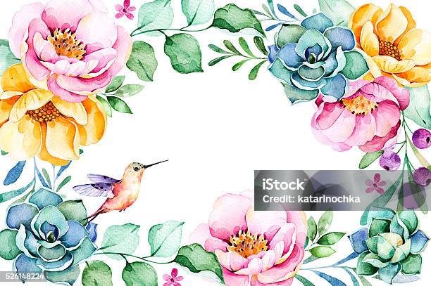 Beautiful Watercolor Frame Border With Rosesflowerfoliagesucculent Plant Stock Illustration - Download Image Now