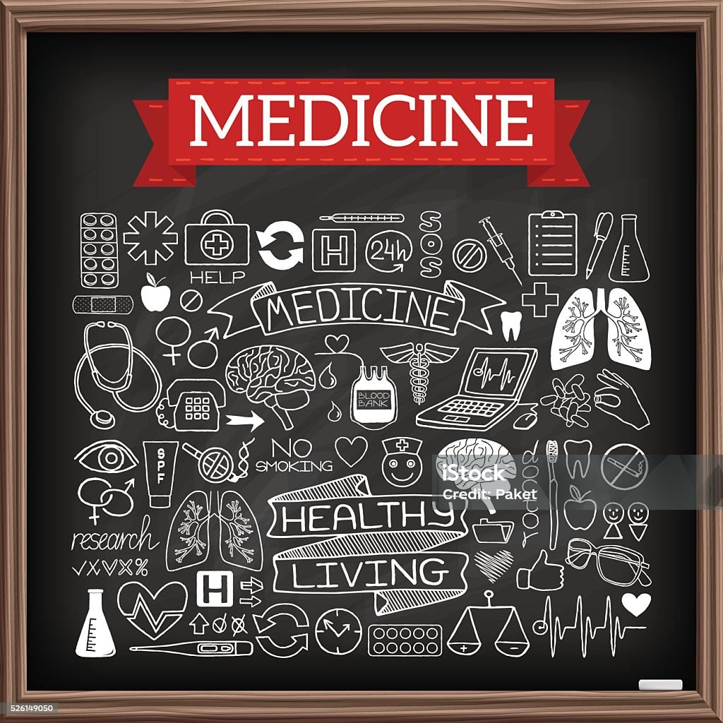 Medical doodles on chalk board Medical doodles on chalk board. Hand drawn healthcare set of icons with medicine and science tools, human organs, diagrams, banners with quotes etc. Black chalkboard effect. Vector illustration. Healthcare And Medicine stock vector