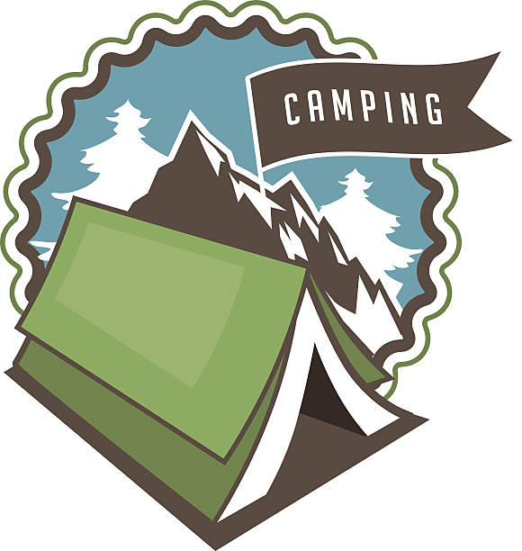 jahrgang camping logo-emblem. - forest woods hiking dirt road stock-grafiken, -clipart, -cartoons und -symbole