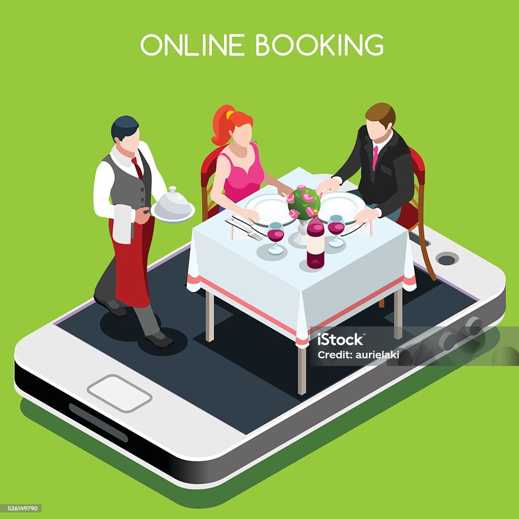 Online Booking Isometric People Online booking reservation concept. 3D flat isometric people elements online reserved table in restaurant. Restaurant stock vector
