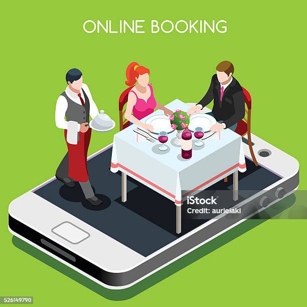 Online Booking Isometric People Stock Illustration - Download Image Now - Restaurant, Isometric Projection, Illustration