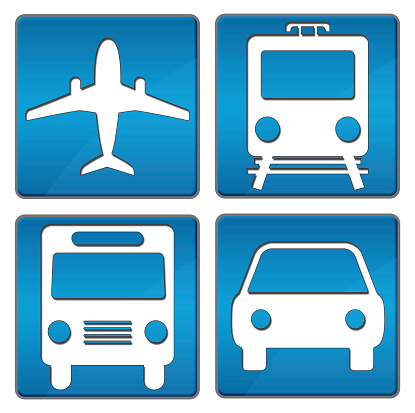 Plane, Train, Bus, Car square icons in blue over white background.