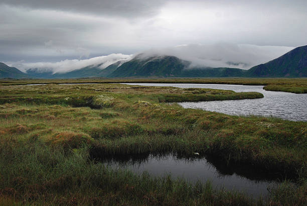Marshlands on the Lofoten Islands, Norway. A heavy storm is blowing and chases the clouds over the mountains. Photo was taken near Andenes on the island of Andoya.