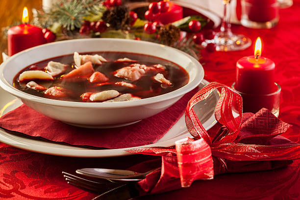 istock Christmas red borscht with meat filled dumplings 526152691