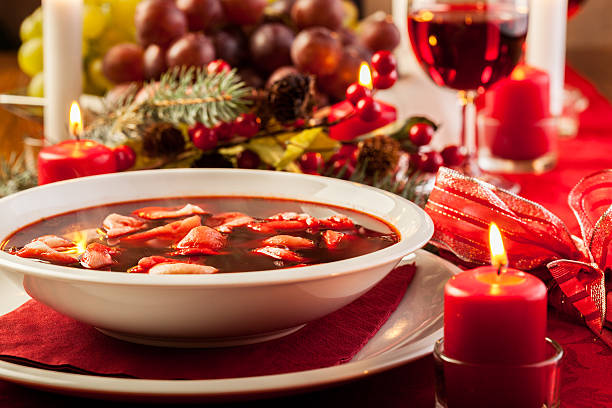 istock Christmas red borscht with meat filled dumplings 526152693