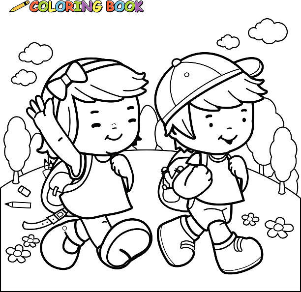 ilustraciones, imágenes clip art, dibujos animados e iconos de stock de libro para colorear con los niños a la escuela - little boys preschooler back to school backpack