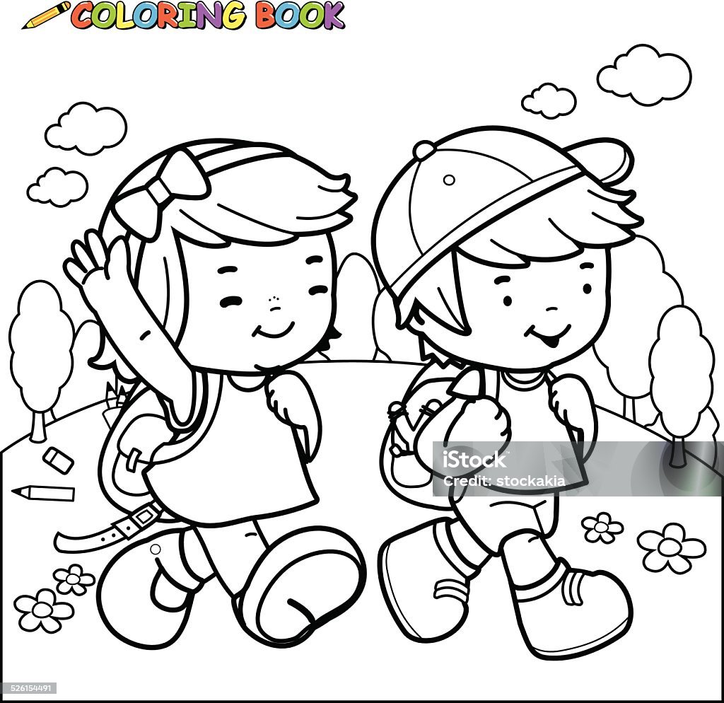 Coloring book kids walk to school Vector Illustration of a black and white outline image of a girl and a boy students walking to school. Coloring book page. Coloring stock vector