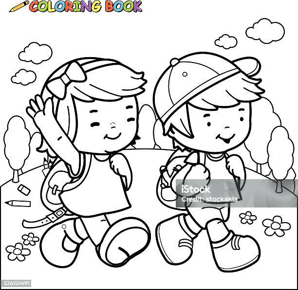 Coloring Book Kids Walk To School Stock Illustration - Download Image Now - Coloring, Child, Back to School