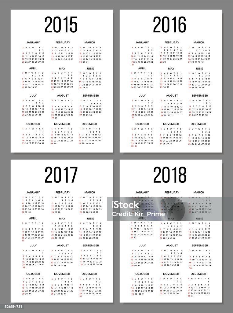 Calendar set European calendars for 2015,2016,2017 and 2018 years. Simple, vertical. Vector eps10 illustration. Calendar stock vector