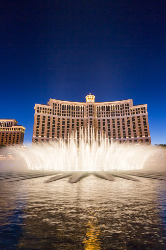 Las Vegas, USA - Sep 25, 2019: The free Bellagio water show at sunset on the Strip.