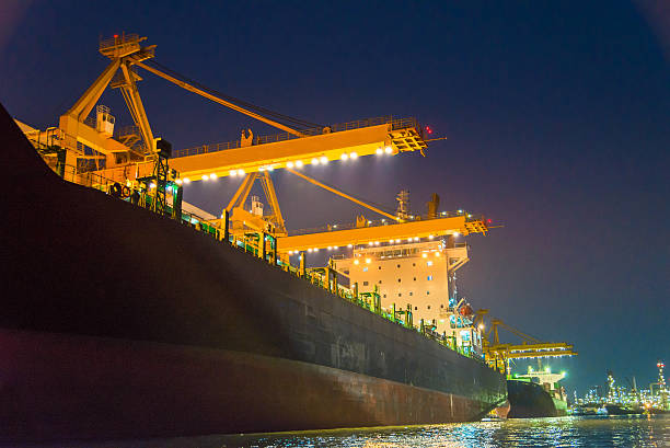 istock Cargo ship in the harbor at night 526154960