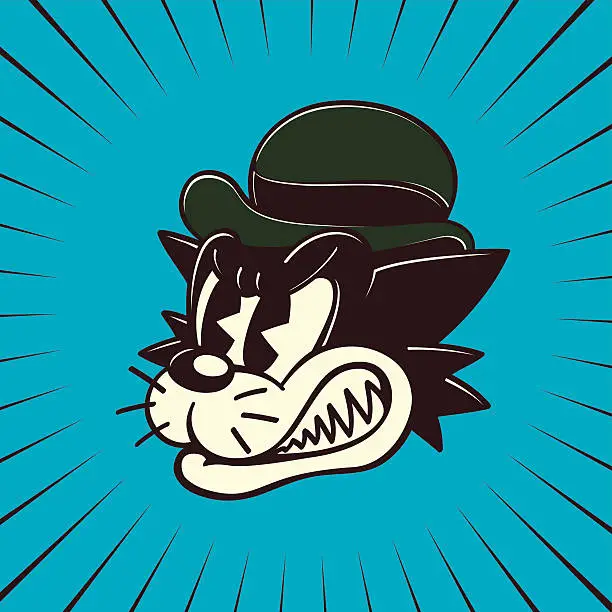 Vector illustration of Vintage Toons: retro cartoon angry stray cat character grinding teeth