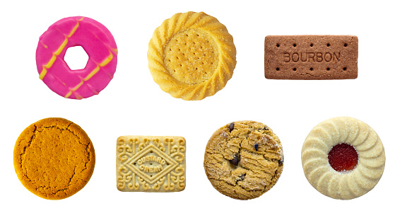 Biscuit selection all at correct scale to each other on a isolated white background with a clipping path