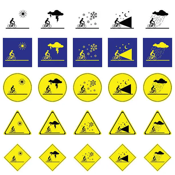Vector illustration of Warning sign of man cycling on the various climatic conditions