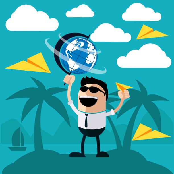 glücklicher mann steht auf der insel der palmen - tropical climate airplane island hawaii islands stock-grafiken, -clipart, -cartoons und -symbole