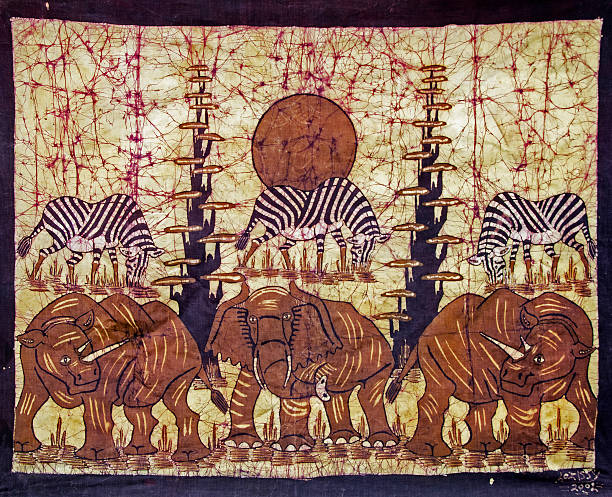 Sunnyvale, California, USA - April 23, 2011: Batik wall tapestry featuring zebras and elephants by the artist Lozissy 2002 from Mozambique, Africa.