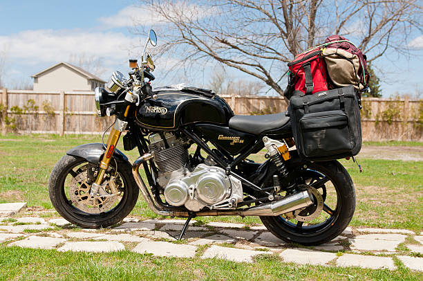 Packed up Norton 961 SE Welland, Ontario, Canada - May 4, 2014: A rare 2013 Norton Commando 961 SE #107 of 200 bikes in the world in Welland, Ontario Canada.  This Bike left for a road trip to Texas the next day. norton brand name stock pictures, royalty-free photos & images