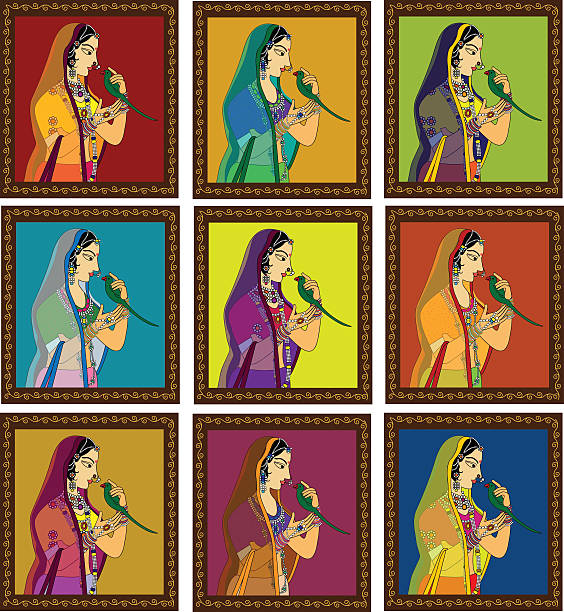 Indian Princess/ Queen potrait Indian Queen/ princess portrait tiles -inspired by 16th century India Rajput style of art. mughal empire stock illustrations