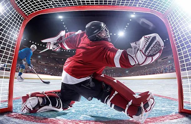 Inside gates view of professional ice hockey player scoring during game in indoor arena full of spectator