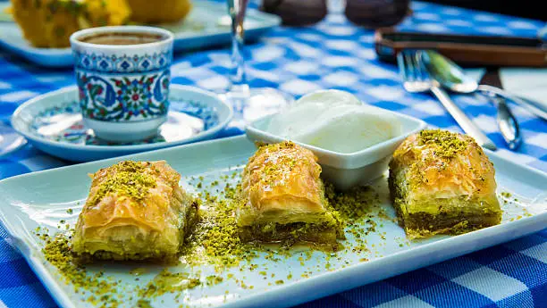Turkish baklava and ice cream on a cafe table in Istanbul, Turkey.
