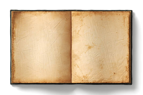 Open book with empty old worn pages on white background