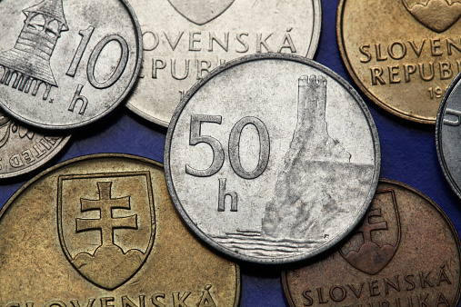Coins of Slovakia. Renaissance tower of Devin Castle in Bratislava depicted on the Slovak 50 hailers coin.