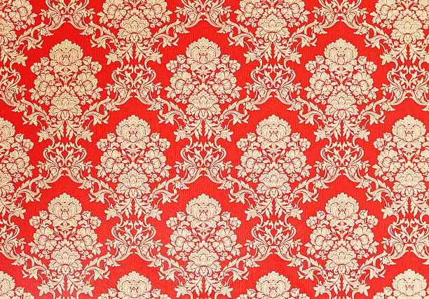 red vintage wallpaper with golden rose design, baroque ornaments