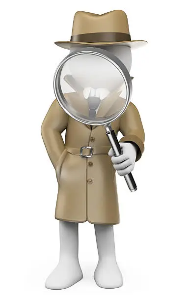 3d white people. Detective. Private Investigator with a magnifying glass. Isolated white background.