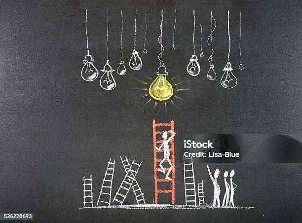 Stick Figure Climbing Ladder To Success Stock Photo - Download Image Now - Chalkboard - Visual Aid, Concepts, Concepts & Topics