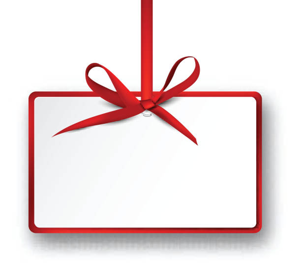 White paper gift card with red satin bow. Christmas rectangle gift card with red satin bow. Vector illustration. red frame stock illustrations
