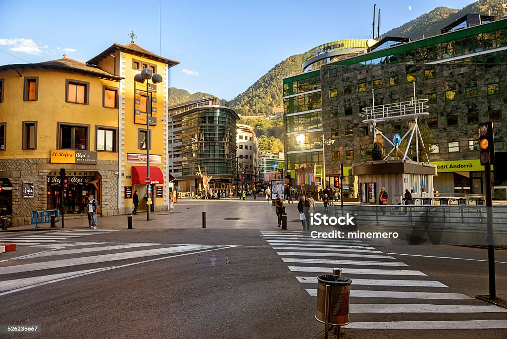 Commercial street  in Andorra la Vella View of streets with shops in Andorra la Vella. Andorra Stock Photo