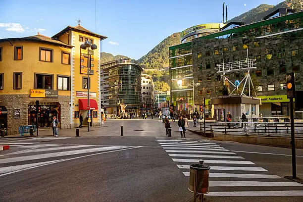 View of streets with shops in Andorra la Vella.