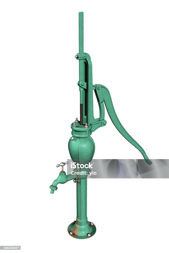 Antique Hand Wate Pump Realistic 3D render of an antique hand water pump isolated over white background Aging Process Stock Photo