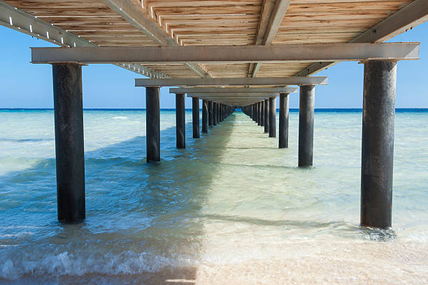 Wooden jetty structure going out to sea on tropical beach resort